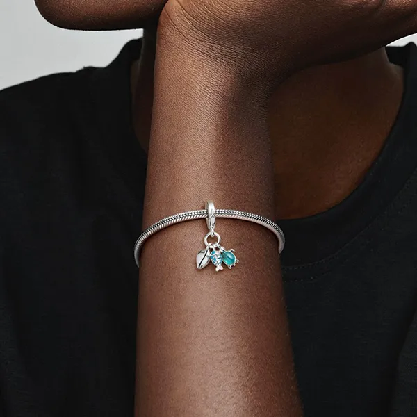 Hạt Vòng Charm Pandora Fish, Sea Turtle & Conch Triple Dangle 791697C01 Màu Bạc Phối Xanh QPH