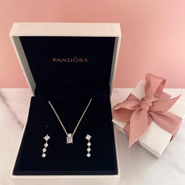 Set Dây Chuyền Và Khuyên Tai Pandora Pandora Sparkling Collier Round & Square Pendant Màu Bạc - Trang sức - Vua Hàng Hiệu