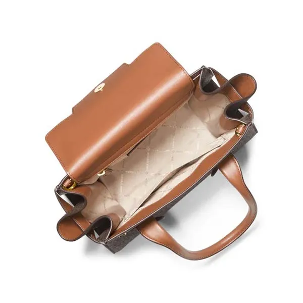 Túi Xách Michael Kors MK 35S2GNMS5B Carmen Medium Logo and Faux Leather Belted Satchel Brown Màu Nâu Đen - Túi xách - Vua Hàng Hiệu