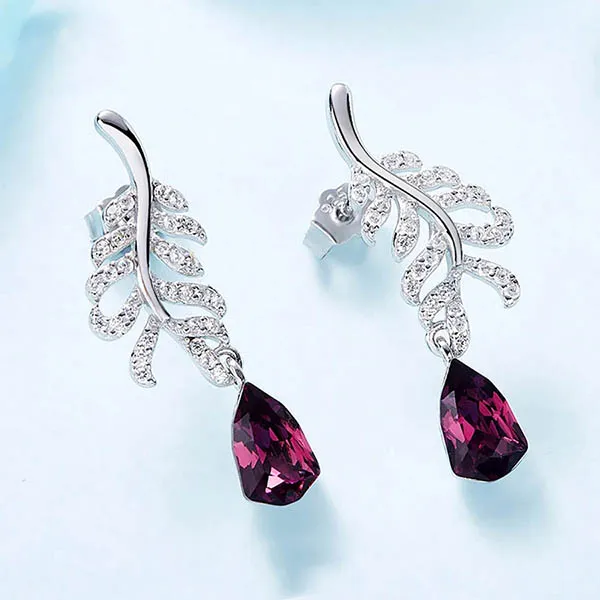 Khuyên Tai Kya Jewel Lông Chim Đá Swarovski Tím Than E130 Màu Bạc