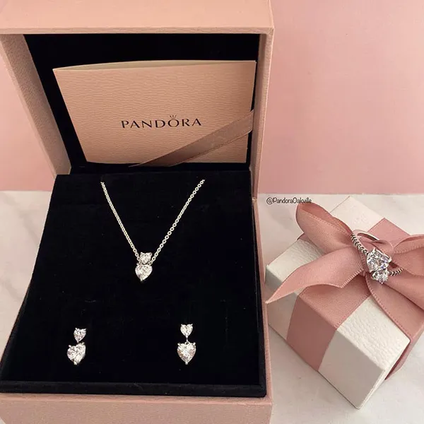 Set Dây Chuyền Và Khuyên Tai Pandora Heart Sparkling Màu Bạc - Trang sức - Vua Hàng Hiệu