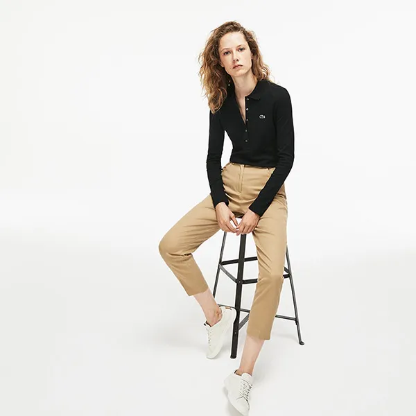 Áo Dài Tay Nữ Lacoste Women's Slim Fit Stretch Mini Piqué Polo PF7841 T35 Màu Đen