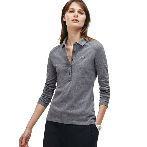 Áo Dài Tay Nữ Lacoste Women's Slim Fit Stretch Mini Piqué Polo PF7841 SVY Màu Xám Đậm