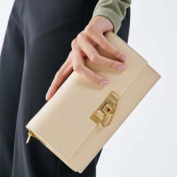 Túi Đeo Chéo Nữ Charles & Keith CNK Tallulah Metallic Push-Lock Wallet Beige CK6-10701189 Màu Be