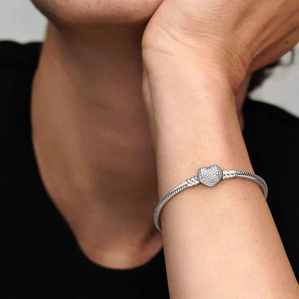 Vòng Đeo Tay Pandora Heart Clasp Snake Chain Bracelet 590727CZ Màu Bạc Size 17 - Trang sức - Vua Hàng Hiệu