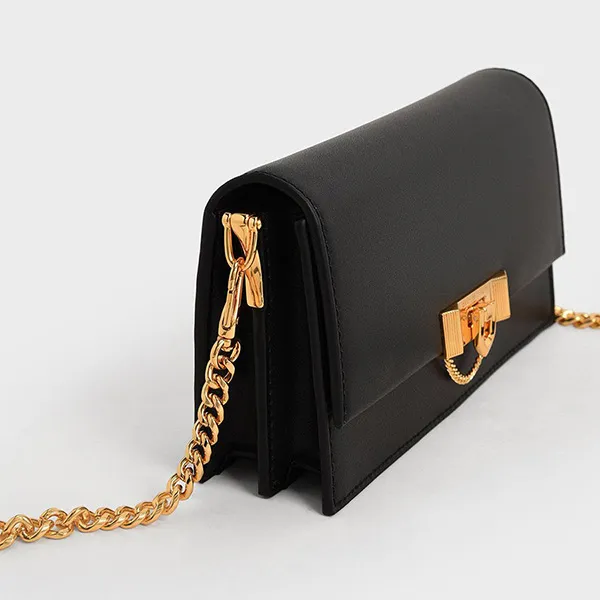 Túi Đeo Chéo Nữ Charles & Keith CNK Tallulah Metallic Push-Lock Wallet Black CK6-10701189 Màu Đen
