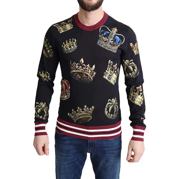 Áo Nỉ Nam Dolce & Gabbana D&G Black Crown Print Silk Pullover Sweater Màu Đen Size M