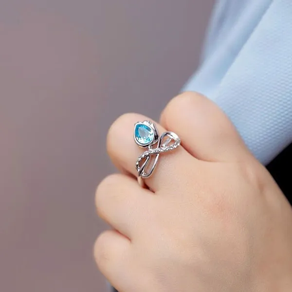 Nhẫn Kya Jewel Hoa Hồng Xanh Dương Sang Trọng R38 Màu Bạc