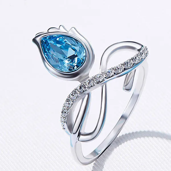 Nhẫn Kya Jewel Hoa Hồng Xanh Dương Sang Trọng R38 Màu Bạc