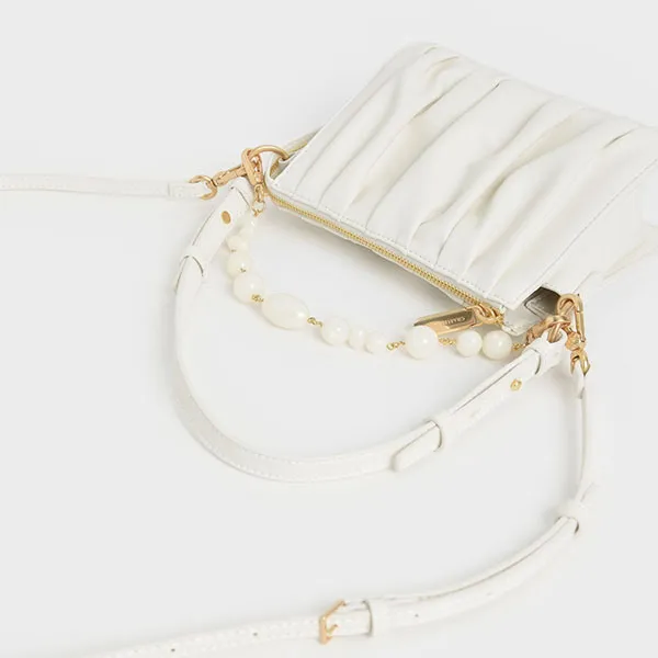 Túi Đeo Vai Nữ Charles & Keith CNK Beaded Strap Ruched Shoulder Bag - White CK2-20270749 Màu Trắng