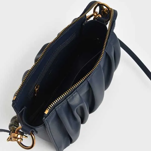 Túi Đeo Vai Nữ Charles & Keith CNK Beaded Strap Ruched Shoulder Bag - Navy 20270749 Màu Xanh Navy