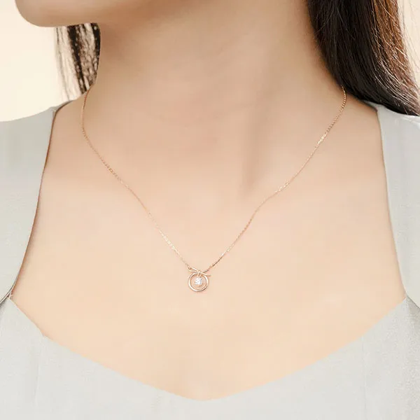 Dây Chuyền Huy Thanh Jewelry Mặt Tròn, Thắt Nơ 14K Đá Cucbic Zirconia DCPTB 327 Màu Vàng Gold