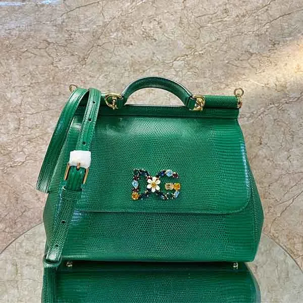 Túi Cầm Tay Nữ Dolce & Gabbana D&G Green Iguana-Effect Sicily Bag M Màu Xanh Lá