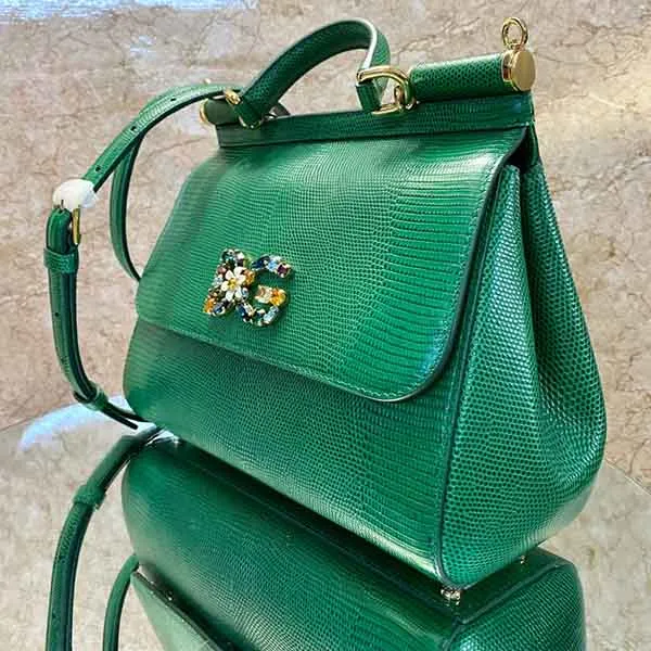 Túi Cầm Tay Nữ Dolce & Gabbana D&G Green Iguana-Effect Sicily Bag M Màu Xanh Lá