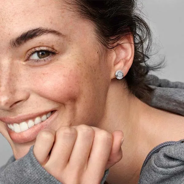 Khuyên Tai Pandora Signature Stud Earrings, Clear 290559CZ Màu Bạc