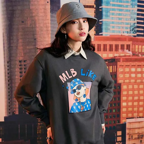 Áo Nỉ Sweater MLB Like Cartoon Overfit Sweatshirt La Dodgers 3AMTL0224-07CGS Màu Đen Xám