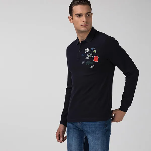 Áo Polo Dài Tay Lacoste Men's Regular Fit Badges Cotton Polo PH1900 00 HDE Màu Xanh Navy Size XS