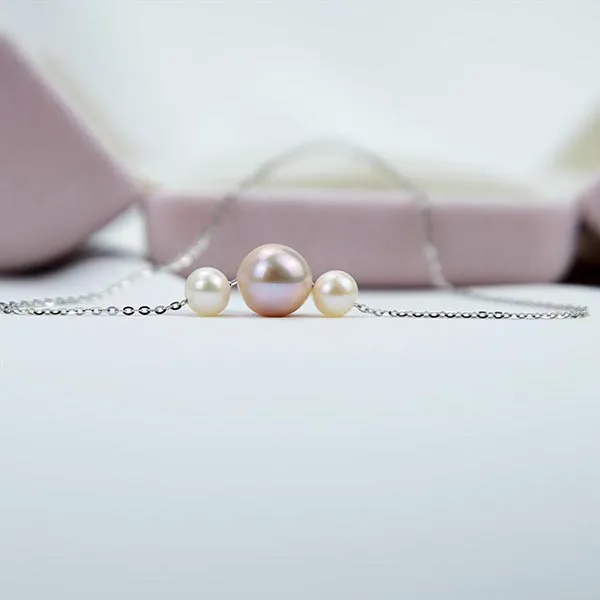 Dây Chuyền Minh Hà Pearl Jewelry Xuyên Ngọc 3 Viên Hồng Tím, Dây Màu Bạc - Trang sức - Vua Hàng Hiệu