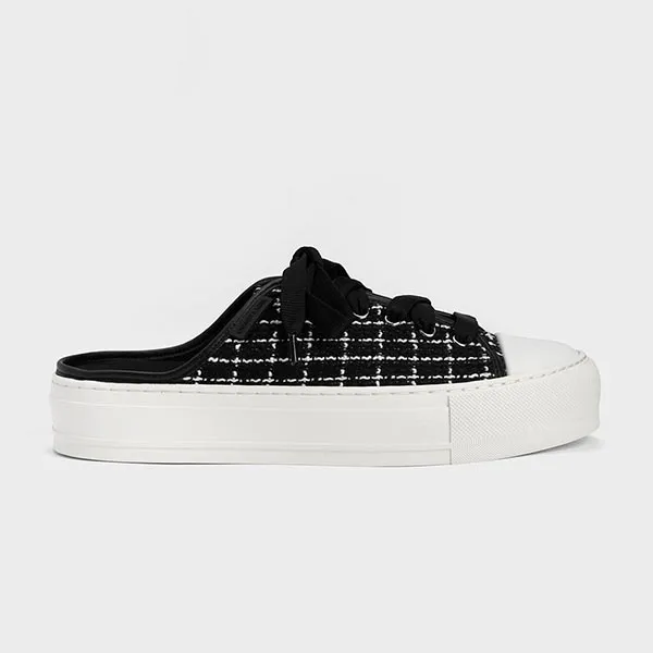 Giày Hở Gót Nữ Charles & Keith CNK Tweed Slip-On Sneakers 70900338-1 Màu Đen Trắng Size 36