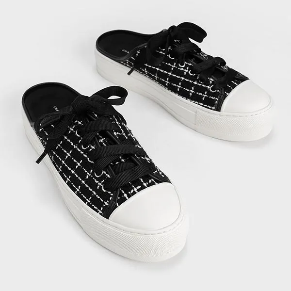 Giày Hở Gót Nữ Charles & Keith CNK Tweed Slip-On Sneakers 70900338-1 Màu Đen Trắng Size 36