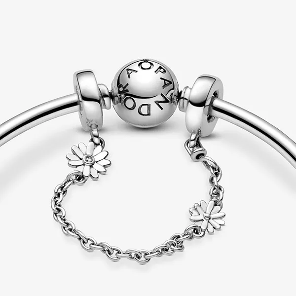 Hạt Vòng Charm Pandora Daisy Sterling Silver Safety Chain With Clear Zirconia 798764C01 Màu Bạc