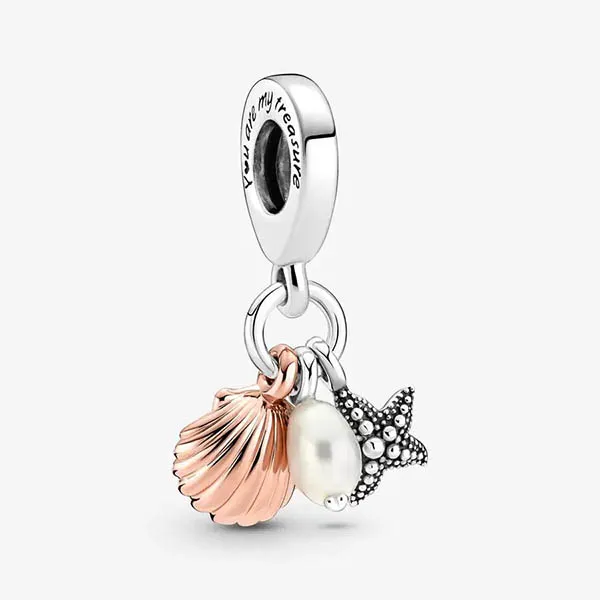 Hạt Vòng Charm Pandora Freshwater Cultured Pearl, Starfish & Shell Triple Dangle Charm 781690C01 Màu Bạc/Vàng Hồng