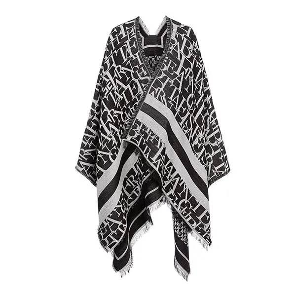 Khăn Quàng Cổ Elisabetta Franchi Wool Cape With Lettering Pattern Màu Đen