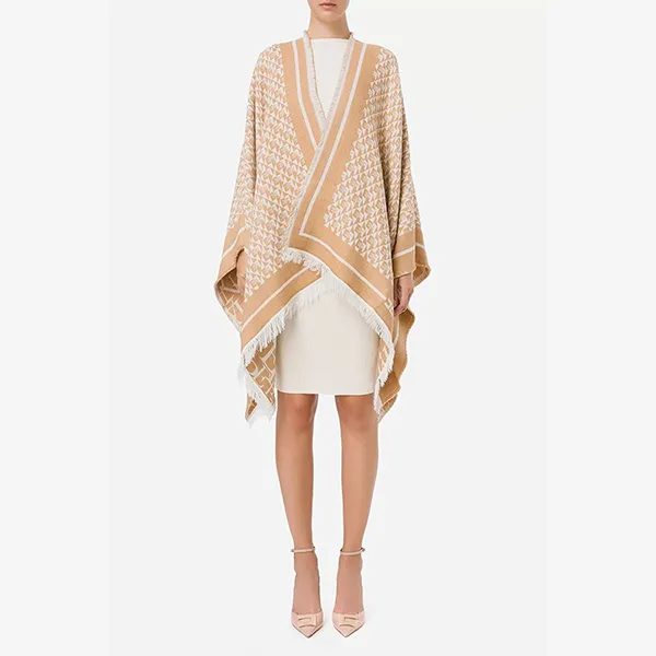Khăn Quàng Cổ Elisabetta Franchi Wool Cape With Lettering Pattern Màu Nâu Nhạt