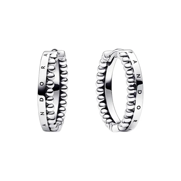 Khuyên Tai Pandora Signature Logo & Beads Hoop Earrings 292310C00 Màu Bạc