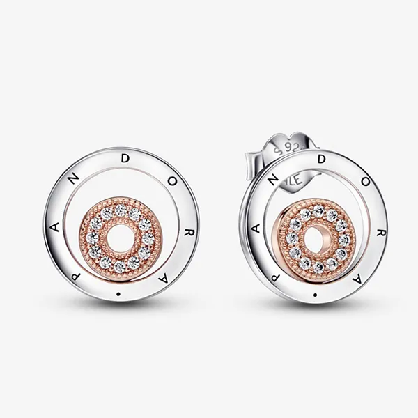 Khuyên Tai Pandora Signature Two-Tone Logo Circles 282314C01 Màu Bạc/Vàng Hồng