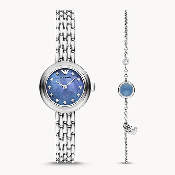 Set Đồng Hồ Nữ Emporio Armani Rosa Quartz Crystal Blue Dial Ladies Watch AR80051 Màu Xanh