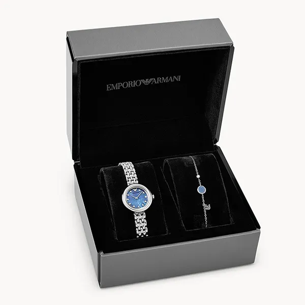 Set Đồng Hồ Nữ Emporio Armani Rosa Quartz Crystal Blue Dial Ladies Watch AR80051 Màu Xanh