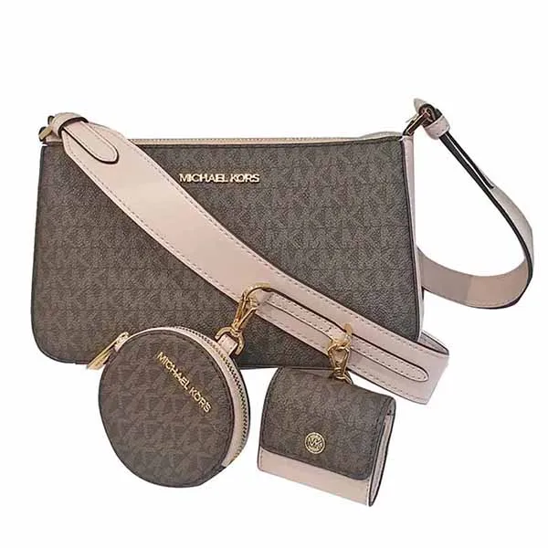Set Túi Xách Michael Kors MK 35S1GTVC3B Jet Set Travel Small Logo Shoulder Bag With Pouches Màu Nâu Viền Hồng