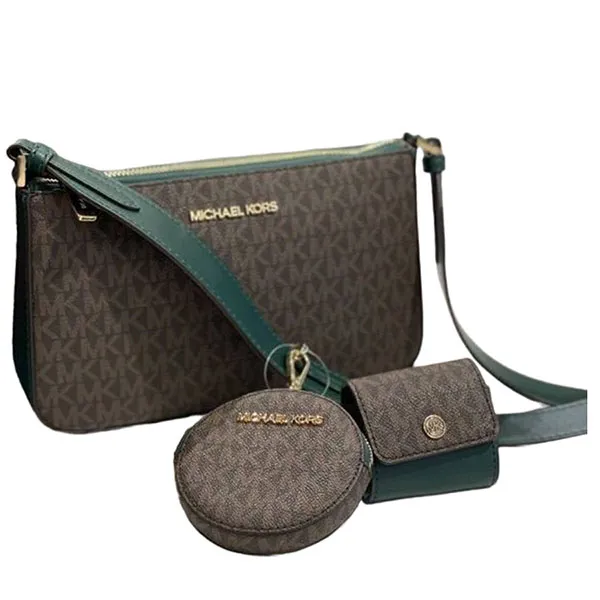 Set Túi Xách Michael Kors MK 35S1GTVC3B Jet Set Travel Small Logo Shoulder Bag With Pouches Màu Nâu Viền Xanh
