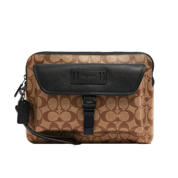 Túi Cầm Tay Nam Coach 2811 Ranger Pouch In Signature Canvas Gunmetal/Tan Black Màu Nâu Đen