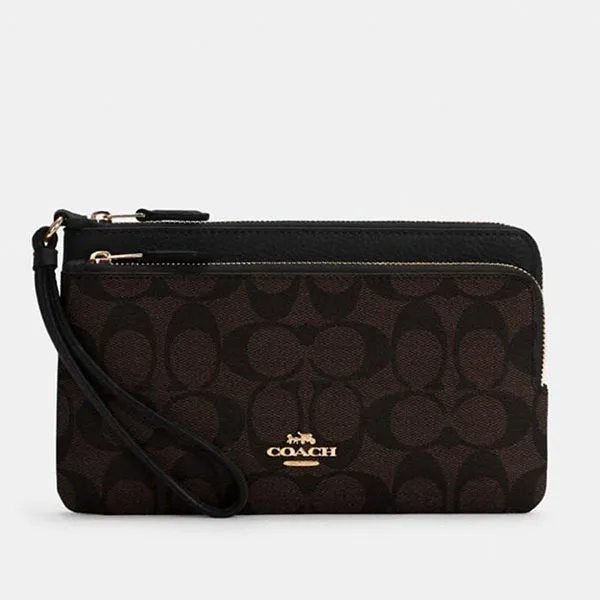 Túi Cầm Tay Coach Double Zip Wallet In Signature Canvas C5576 Màu Nâu Đen