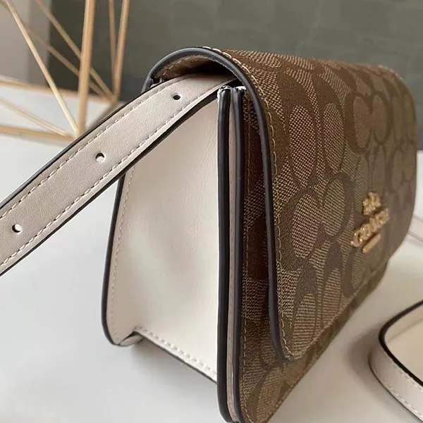 Túi Đeo Chéo Coach Brynn Flap Crossbody In Signature Canvas C5592 Màu Nâu Be