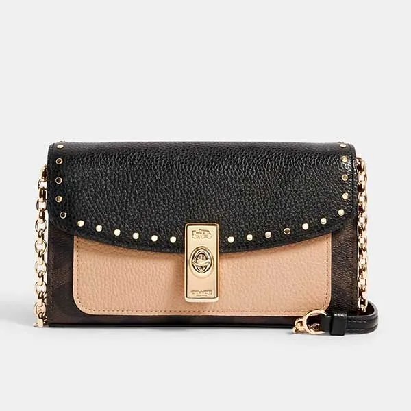 Túi Đeo Chéo Coach Lane Crossbody In Signature Canvas With Rivets Màu Đen Be