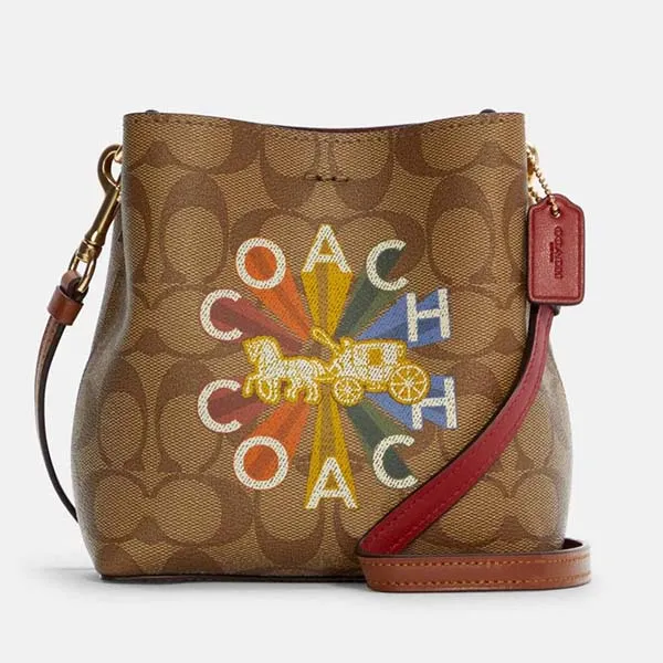Túi Đeo Chéo Coach Mini Town Bucket Bag In Signature Canvas With Coach Radial Rainbow C6835 Màu Nâu Be