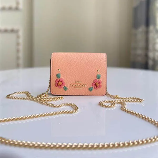 Túi Đeo Chéo Coach Mini Wallet on Chain with Floral Whipstitch Màu Hồng Cam - Túi xách - Vua Hàng Hiệu