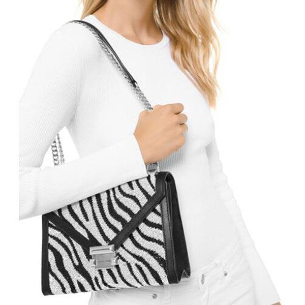 Túi Đeo Chéo Michael Kors MK Whitney Shoulder Bag Printed Zebra Leather Construction Black Màu Đen Trắng - 5