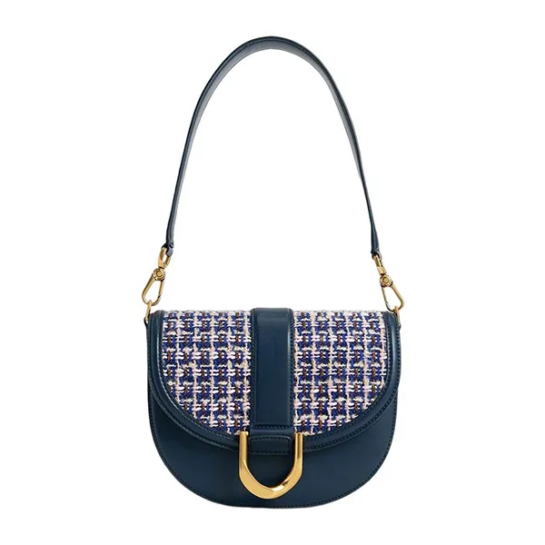 Túi Đeo Vai Nữ Charles & Keith CNK Gabine Tweed Saddle Bag 80781874-3 Màu Xanh Navy