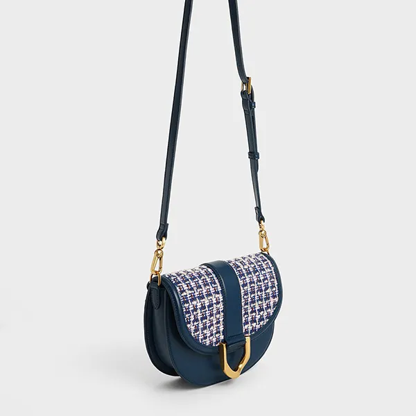 Túi Đeo Vai Nữ Charles & Keith CNK Gabine Tweed Saddle Bag 80781874-3 Màu Xanh Navy