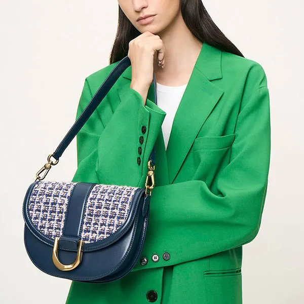 Túi Đeo Vai Nữ Charles & Keith CNK Gabine Tweed Saddle Bag 80781874-3 Màu Xanh Navy