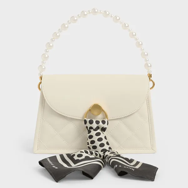 Túi Đeo Vai Nữ Charles & Keith CNK Roza Scarf Quilted Trapeze Bag 80681011 Màu Trắng Kem