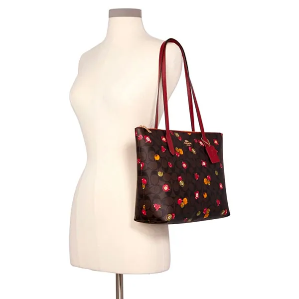 Túi Tote Coach C7254 Zip Top In Signature Coated Canvas With Ornament Print Brown Black Multi Màu Đen