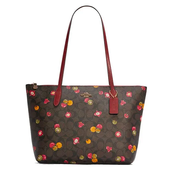 Túi Tote Coach C7254 Zip Top In Signature Coated Canvas With Ornament Print Brown Black Multi Màu Đen