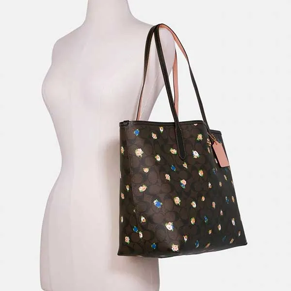 Túi Tote Coach Cabas City En Toile Exclusive Avec Mini-Imprimé De Rose Vintage Màu Nâu Đen