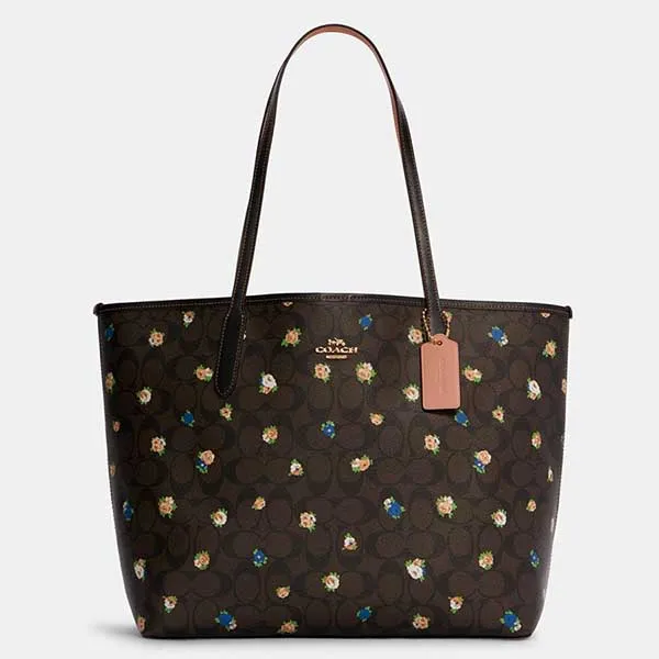 Túi Tote Coach Cabas City En Toile Exclusive Avec Mini-Imprimé De Rose Vintage Màu Nâu Đen