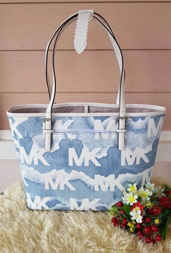 Túi Tote Michael Kors MK Jet Set Medium MK Logo PVC Carryall 35T1STVT2L Màu Xanh Blue
